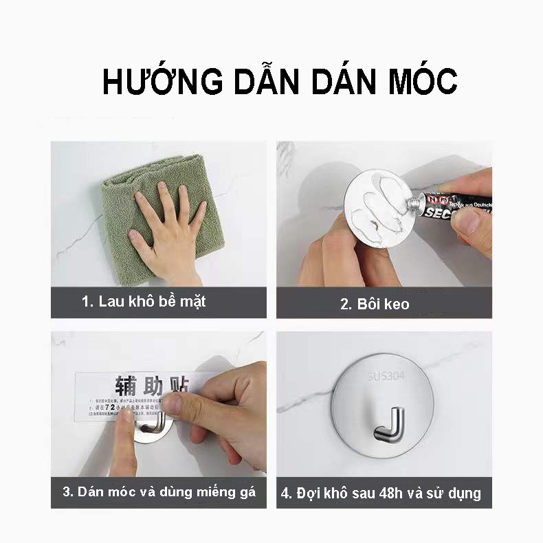 Móc INOX 304 Treo Đồ nặng, treo thớt, nồi niêu INOX 304 [CHỐNG NƯỚC, CHỐNG RỈ] Dán Tường Gạch, Men, Kính