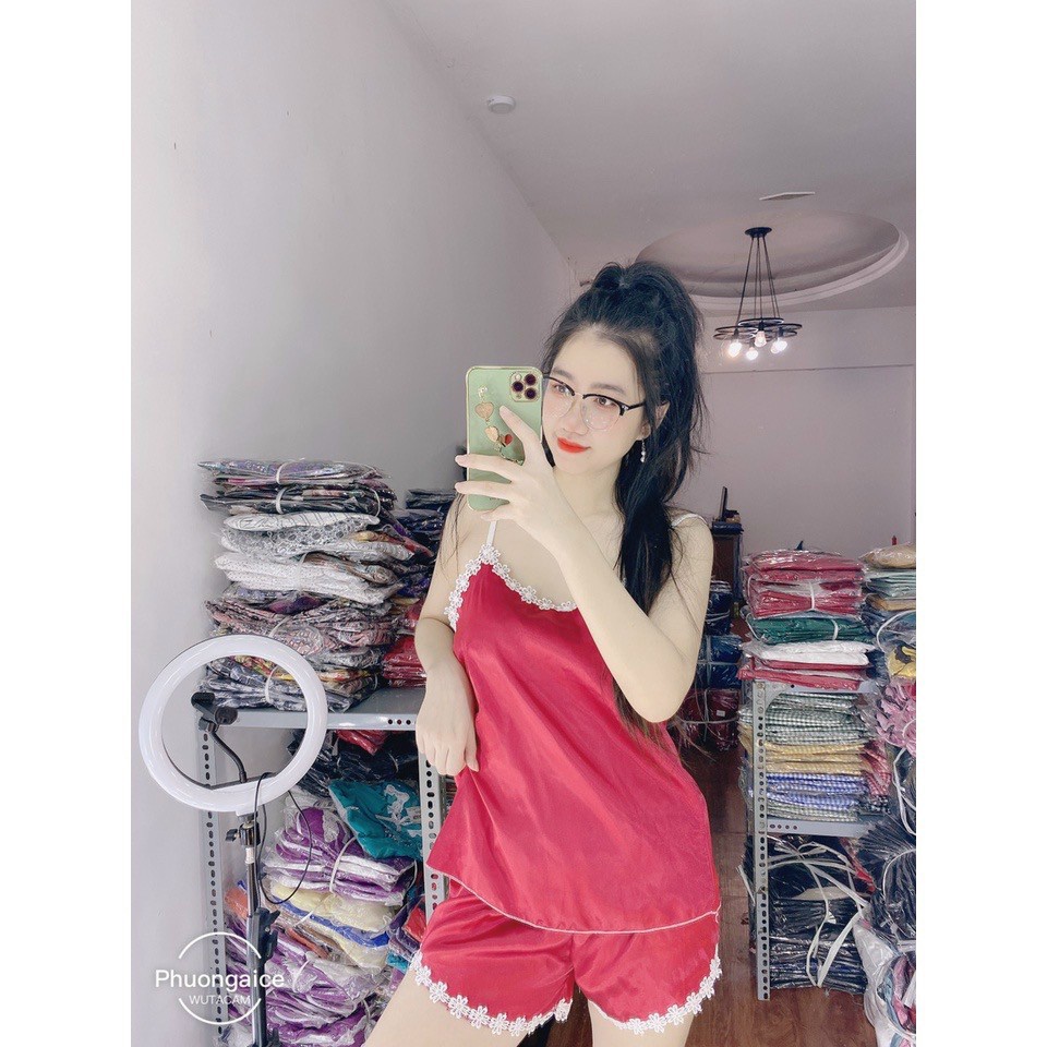 Đồ ngủ 2 dây bèo vai phối quần bèo vải phi lụa ngủ siêu mát họa tiết nhiều màu freesize dưới 56kg