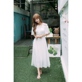 Đầm maxi trắng hai dây rót vai dễ thương