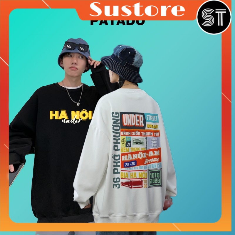 Sweater SUSTORE Áo HÀ NỘI UNDER nỉ cotton dài tay Nam Nữ Unisex  Streetwear Oversize Form Rộng 2 màu đen trắng