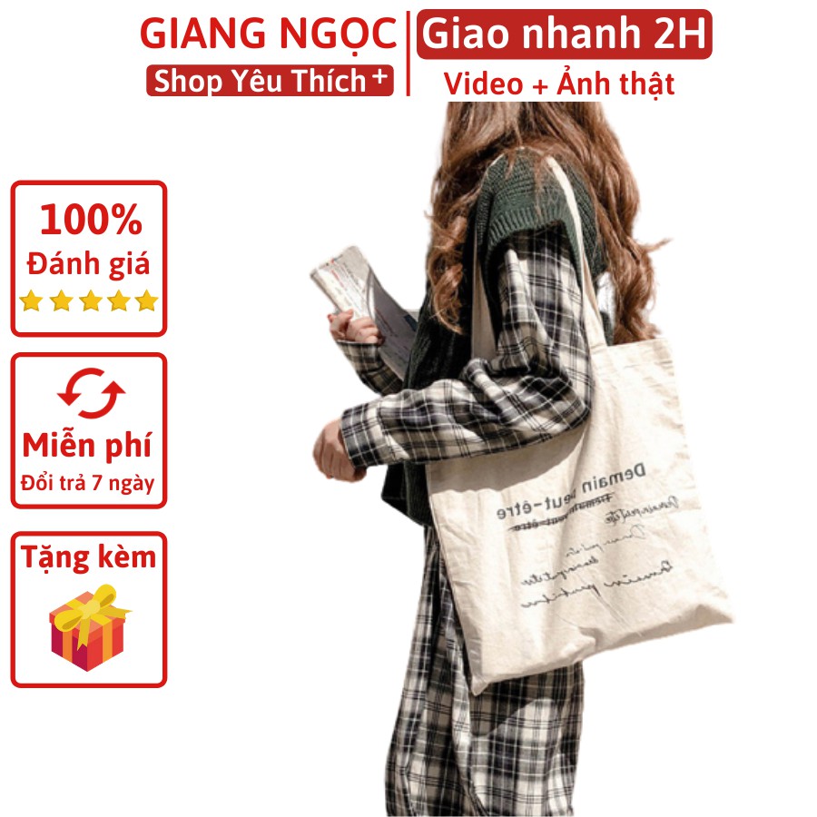 [Mã FASHIONT4WA2 giảm 10K đơn từ 50K] Túi tote vải chữ xanh Demain vuông (có sẵn)