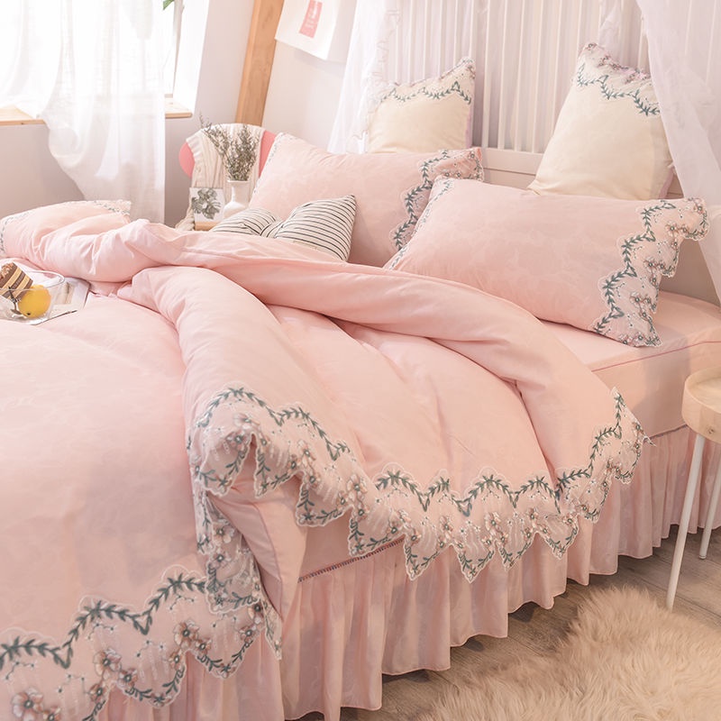 Korean Princess Feng Shui washed cotton bed skirt four piece set net red solid color girl heart lace quilt cover bedspread fitted sheet