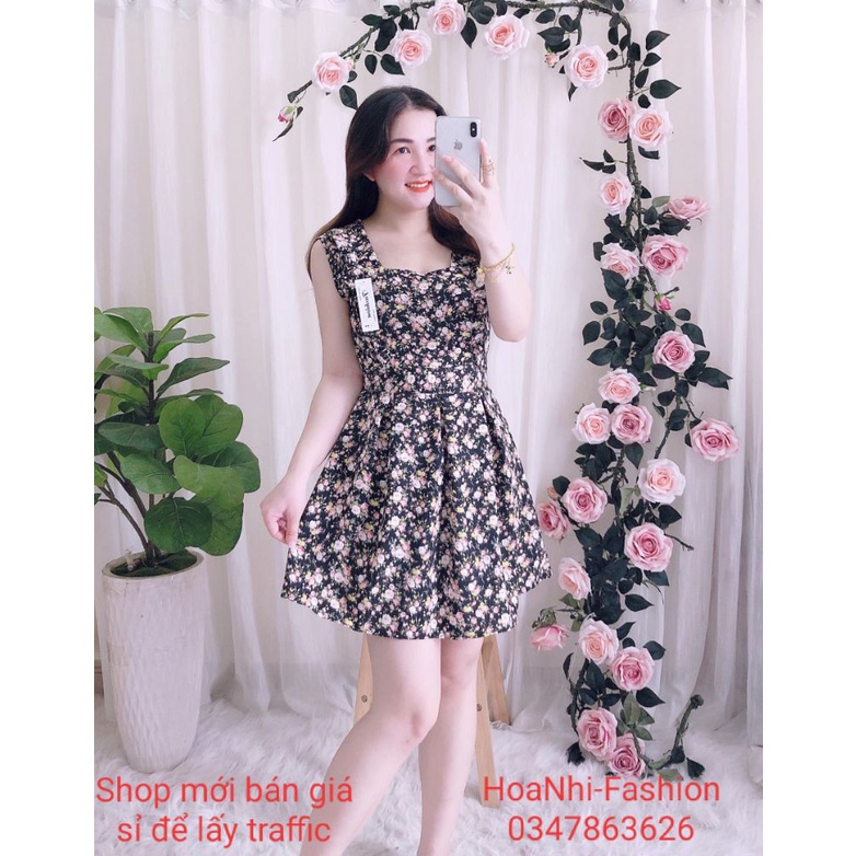 Đầm cổ vuông hoa đen có quần đùi trong | đầm mặc nhà, dạo phố, đi biển, công sở