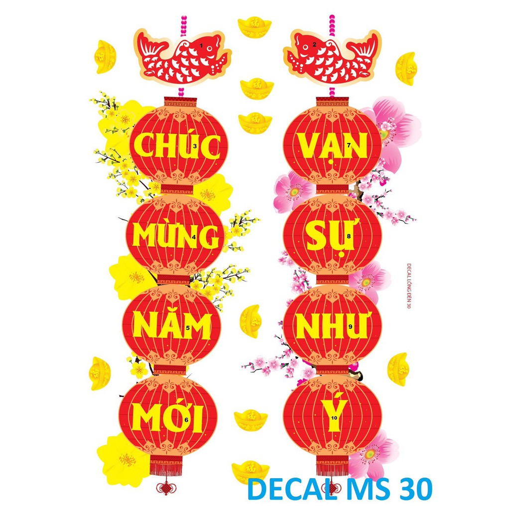 Decal trang trí tết LỒNG ĐÈN MẪU 30(kèm họa tiết nổi)
