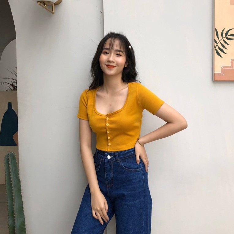 ÁO CROPTOP TAY LƠ CHẤT LIỆU LEN TĂM KIỂU DÁNG ÁO CROPTOP CÚC DỌC 6 MÀU LOẠI MỚI - ÁO CROPTOP CÚC NGỰC | MÃ A318