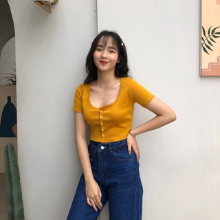 [hàng mới] ÁO CROPTOP TAY LƠ CHẤT LIỆU LEN TĂM KIỂU DÁNG ÁO CROPTOP CÚC DỌC 6 MÀU LOẠI MỚI CHẤT ĐẸP