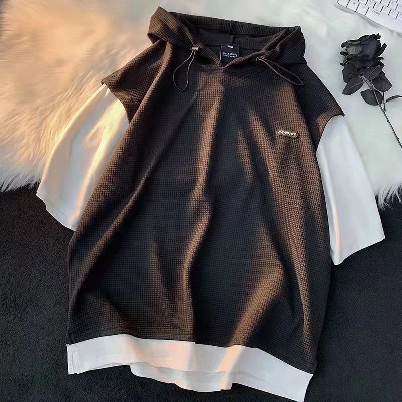Set Áo Hoodie Giả Hai Lớp Phối Quần Short Thời Trang Hong Kong Cá Tính Cho Nam