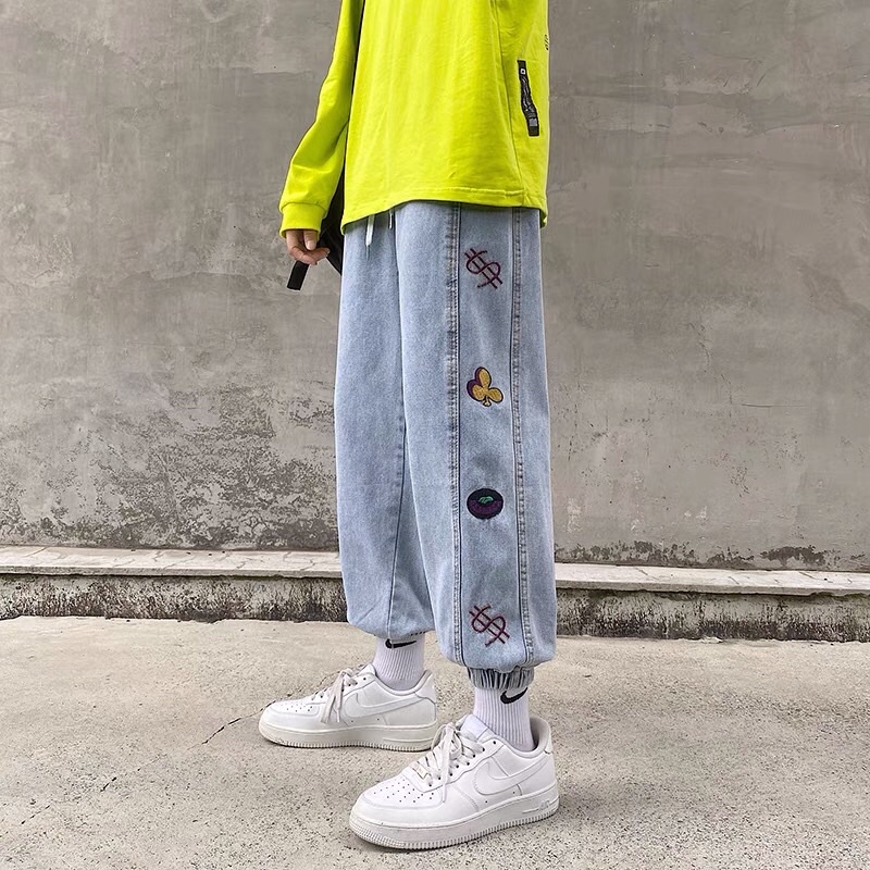 Quần bò jeans ống rộng kiểu dáng jogger thêu hoạ tiết bo chun Ulzzang siêu chất ❤️