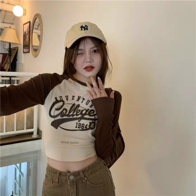 Áo croptop COLLEGE GB - QN tay dài cổ tròn phối màu siêu xinh cho Nữ - Thiên Yết