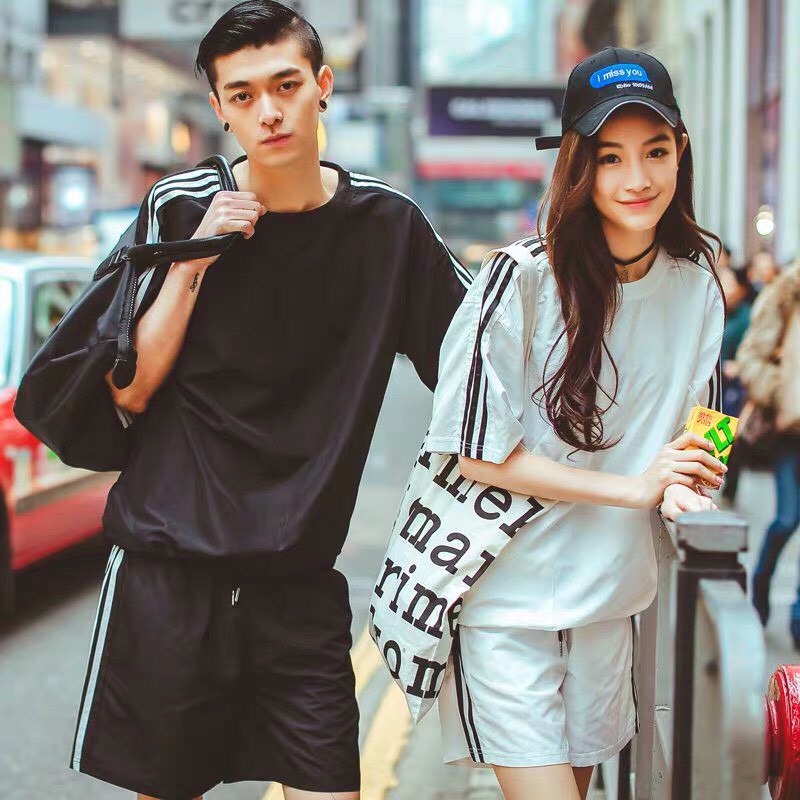 Bộ thể thao thời trang unisex phong cách oversize 3 sọc cộc tay cực mát cặp đôi nam nữ tay lỡ mùa hè hàn quốc form rộng