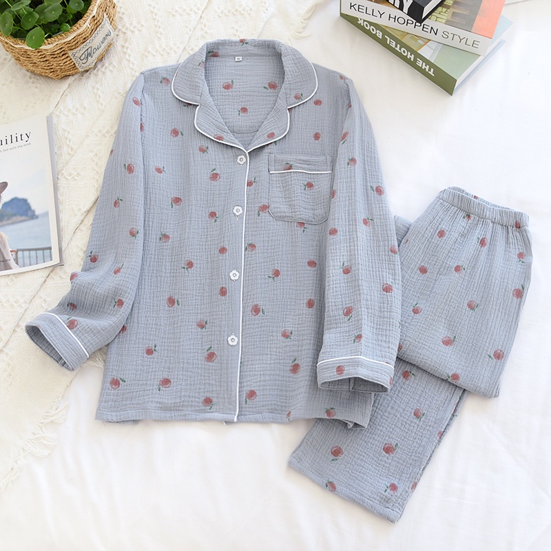 Bộ pijama xô muslin dài tay - mẫu trái đào nhỏ