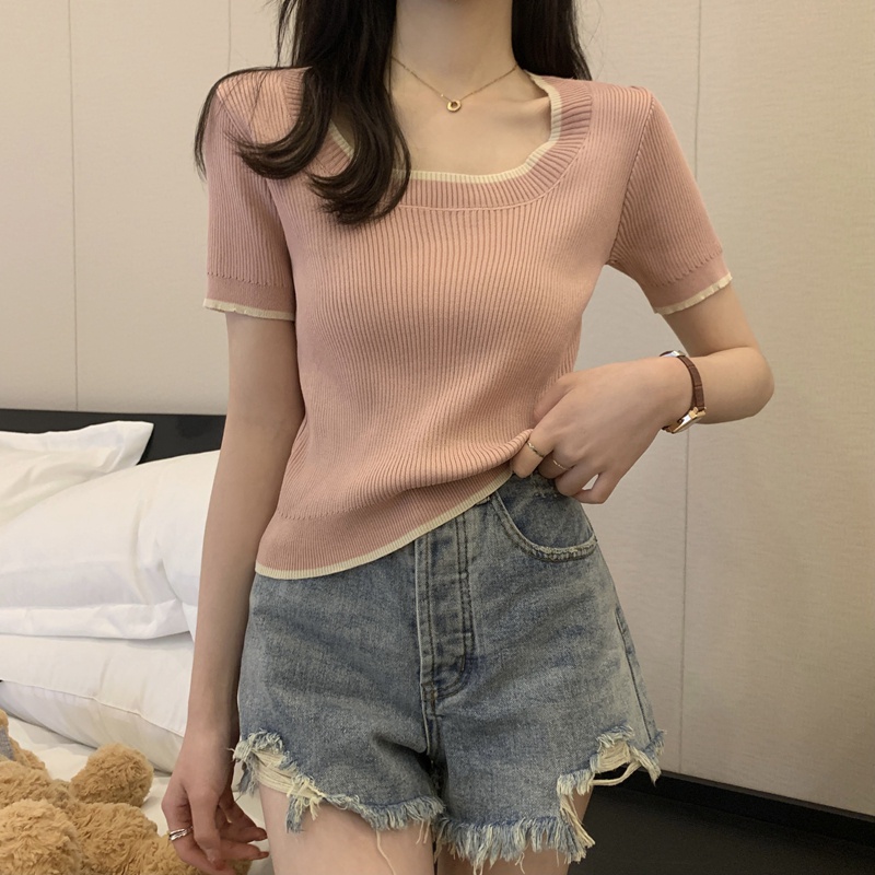 Áo Dệt Kim Cổ Vuông Ngắn Tay Thời Trang Mùa Hè Hàn Quốc Dành Cho Nữ 52611