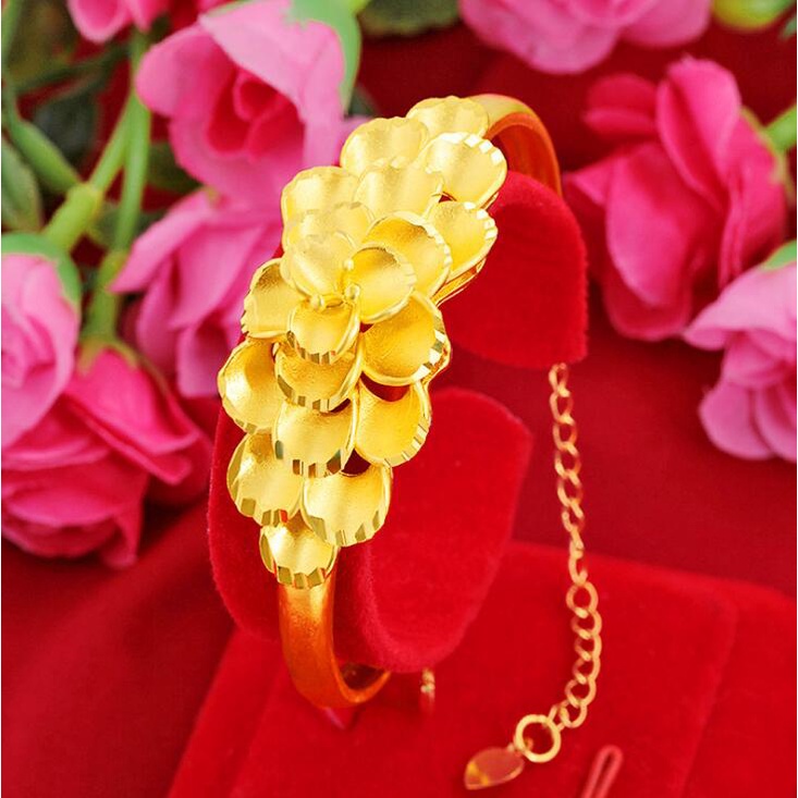 Vòng tay mạ vàng hình cỏ bốn lá/hoa nở/ hoa sen cầu tài lộc phong cách Trung Hoa làm quà ngày tình nhân cho nữ