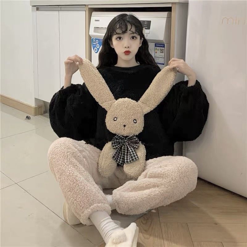 Bộ ngủ lông hình thỏ, quần áo ở nhà cute giữ ấm mùa đông