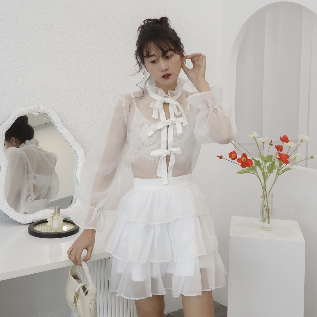 Set Áo Nơ Voan, Chân Váy Xếp Ly, Bra Ren Trắng - Choose Me KLP
