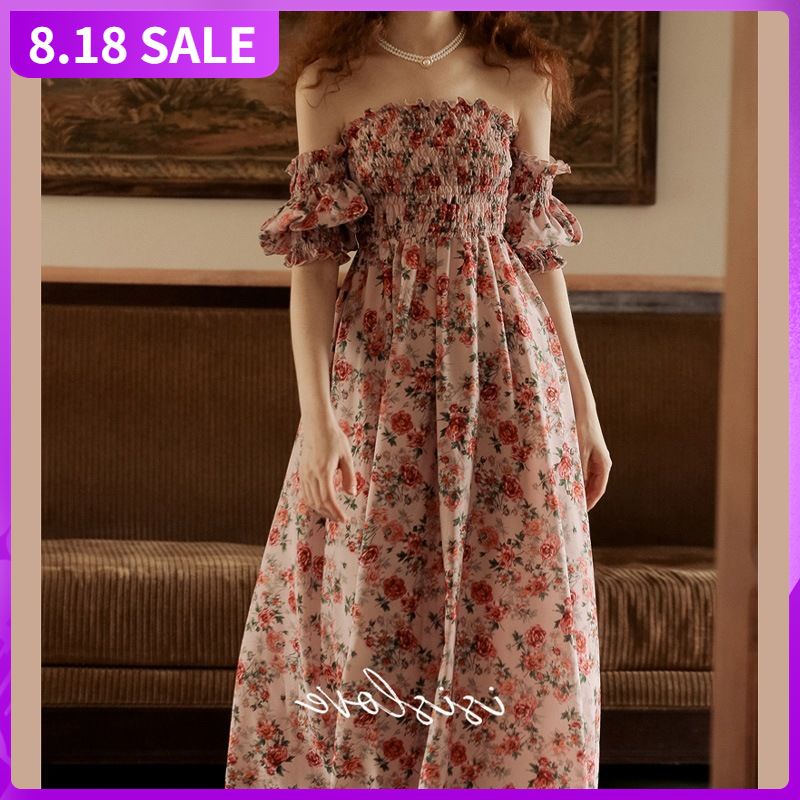 Đầm Trễ Vai Cổ Chữ V Phong Cách Retro Pháp Thời Trang Mùa Hè Mới