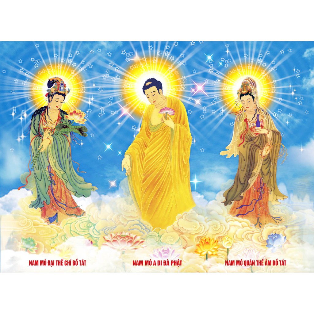 Tranh dán tường 3D Tam thánh - tranh phật -vải lụa kim tuyến