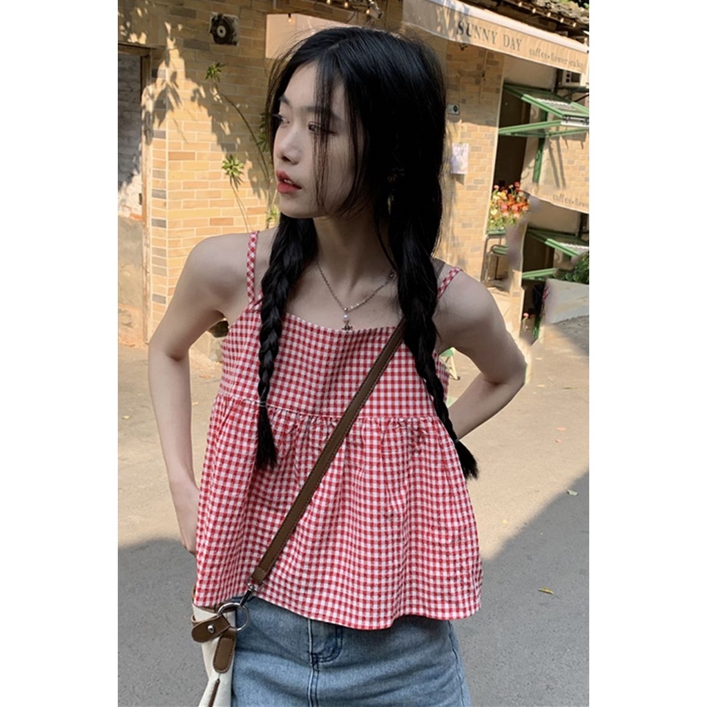 Áo Hai Dây Dáng Rộng Hở Lưng Họa Tiết Kẻ Sọc Màu Đỏ Thời Trang Mùa Hè Hàn Quốc Cho Nữ
