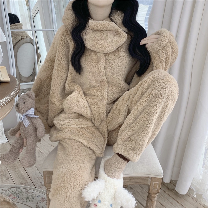 Bộ đồ ngủ mùa đông lông cừu giữ nhiệt tốt, nhung bông mềm mịn cho nữ siêu ấm, bộ mặc nhà nữ dày dặn có vòng cổ -THÔNGTHU | BigBuy360 - bigbuy360.vn