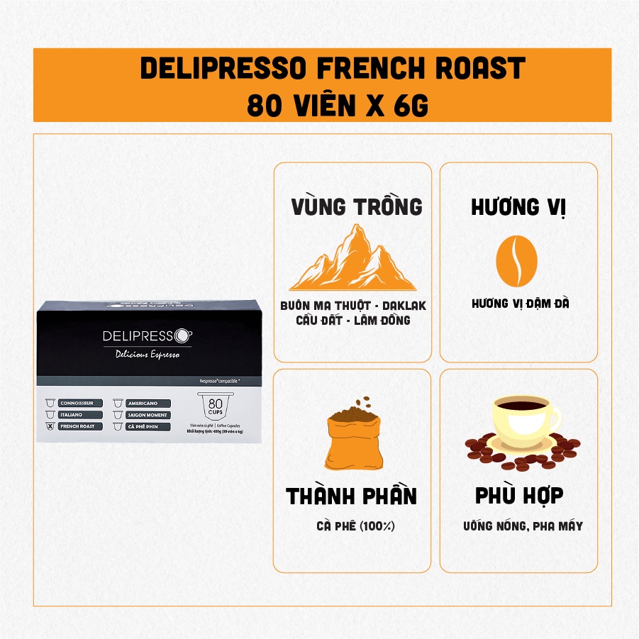 Capsules - French Roast - 80 viên x 6g - Cà Phê Viên Delipresso