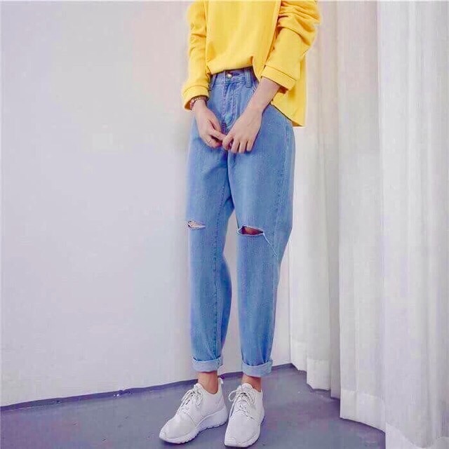 Quần Baggy Bò Rách Gối Hàn Quốc + Tặng 1 đôi vớ nữ siêu dễ thương | BigBuy360 - bigbuy360.vn