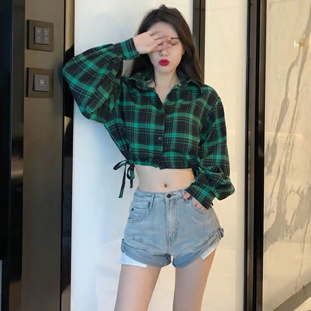 (Order/Video thật) Áo croptop sơ mi kẻ caro dài tay sexy cá tính ulzzang