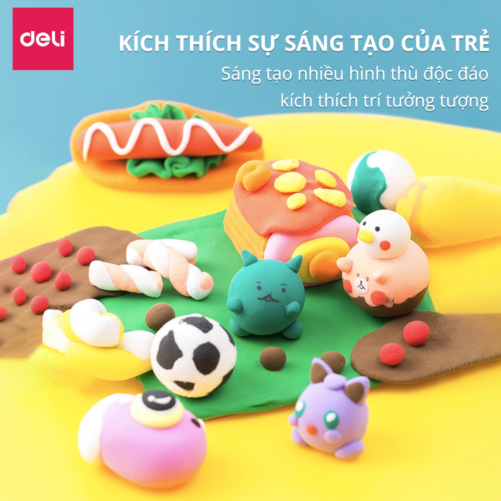 Bộ đất sét nặn 3D Deli 24 màu - Chất liệu an toàn cho trẻ nhỏ, màu sắc tươi sáng đa dạng, kèm phụ kiện khuôn nặn - 67825