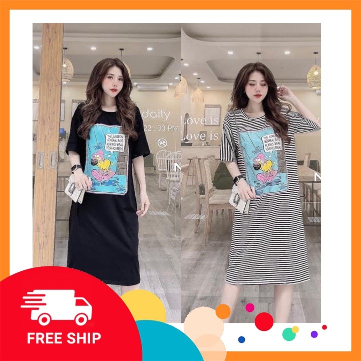 Đầm Suông Coton Tay Lỡ dạo Phố|Váy suông from rộng dáng dài qua Gối in hình chú chó mũ hồng Cute Dễ Thương