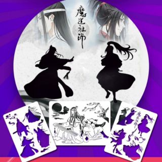 Set 3 khuôn vẽ ma đạo tổ sư + bộ 12 màu nước mini + 2 bút lông