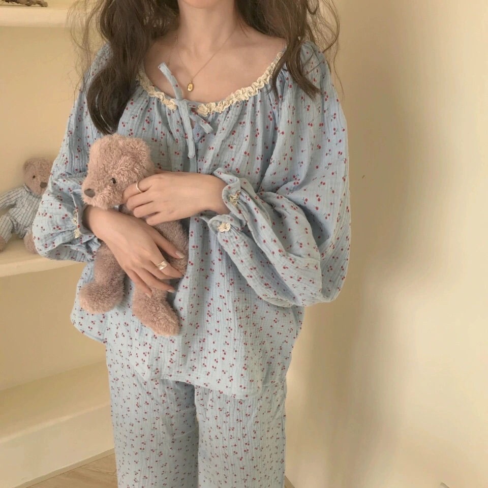 Bộ Đồ Ngủ Nữ Tay Dài Họa Tiết Quả Anh Đào Xinh Xắn Dịu Dàng Nhiều Màu Tùy Chọn