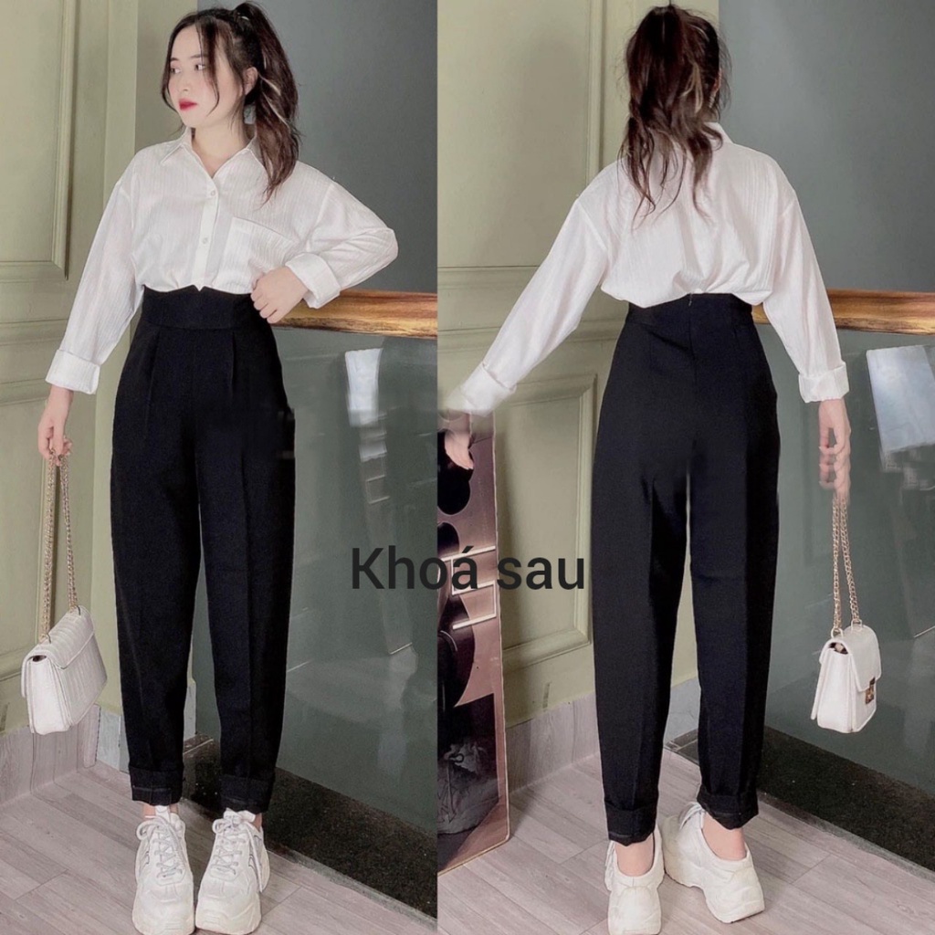 Quần tây đen nữ lưng cao cạp V dáng dài baggy khóa sau ống đứng mẫu mới hot Quần tây nữ đi học tuyết mưa vải màu đen mềm