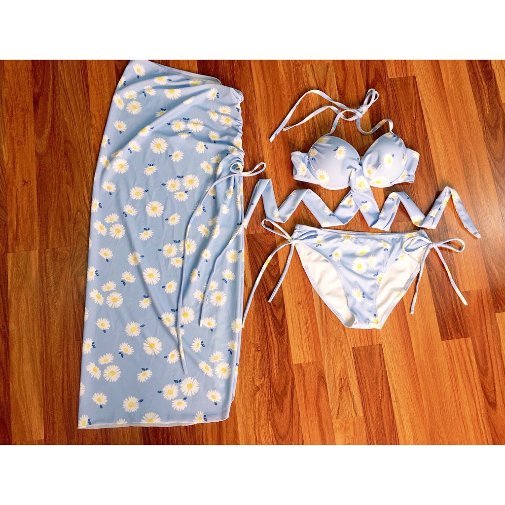 Bikini, Đồ Bơi Đi Biển Hai Mảnh Set 3 Món Quây Hoa Cúc Xanh Secxy ODERI BM-085