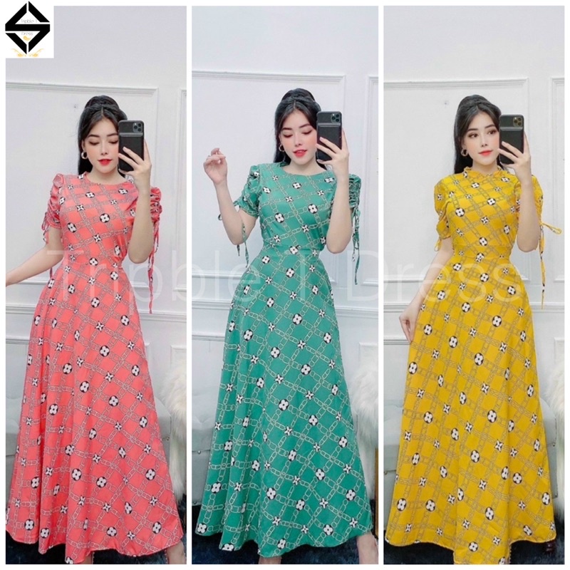 Đầm maxi lụa tay ngắn rút dây siêu dễ thương - free size dưới 54kg - MS21MT