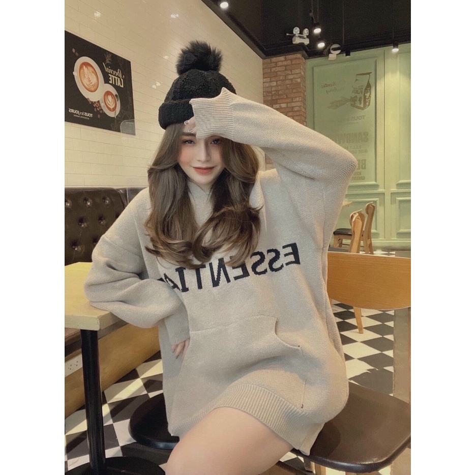 Áo len nữ dài tay hoodie Quảng Châu màu be thiết kế có mũ dáng rộng thụng trùm mông phong cách cá tính trẻ trung