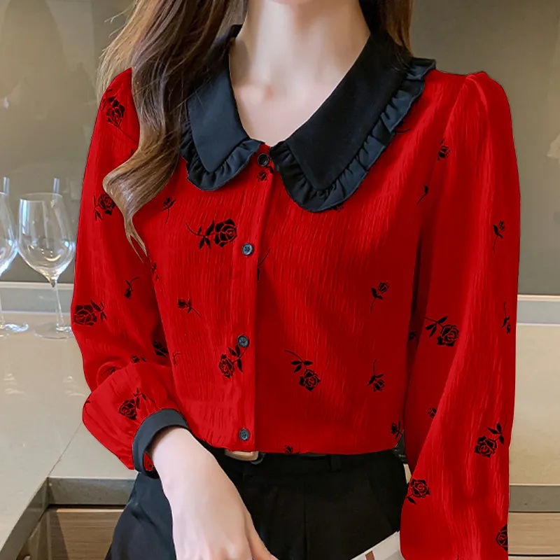 Áo Sơ Mi Chiffon Tay Dài Cổ Búp Bê In Họa Tiết Thời Trang Mùa Thu Cho Nữ