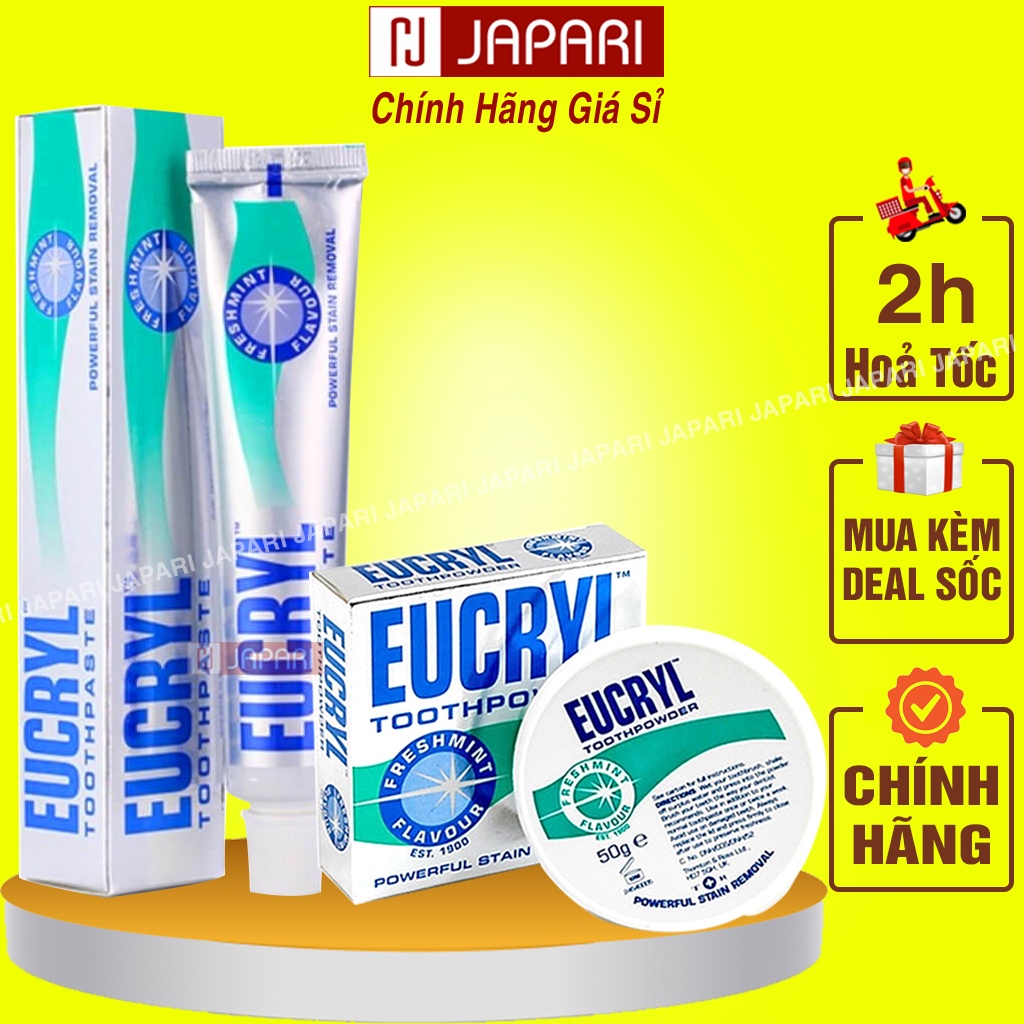 COMBO Kem Đánh Trắng Răng EUCRYL + Bột Tẩy Trắng Răng Eucryl CHÍNH HÃNG - Eucryl  Làm Trắng Răng Thơm Miệng - JAPARI