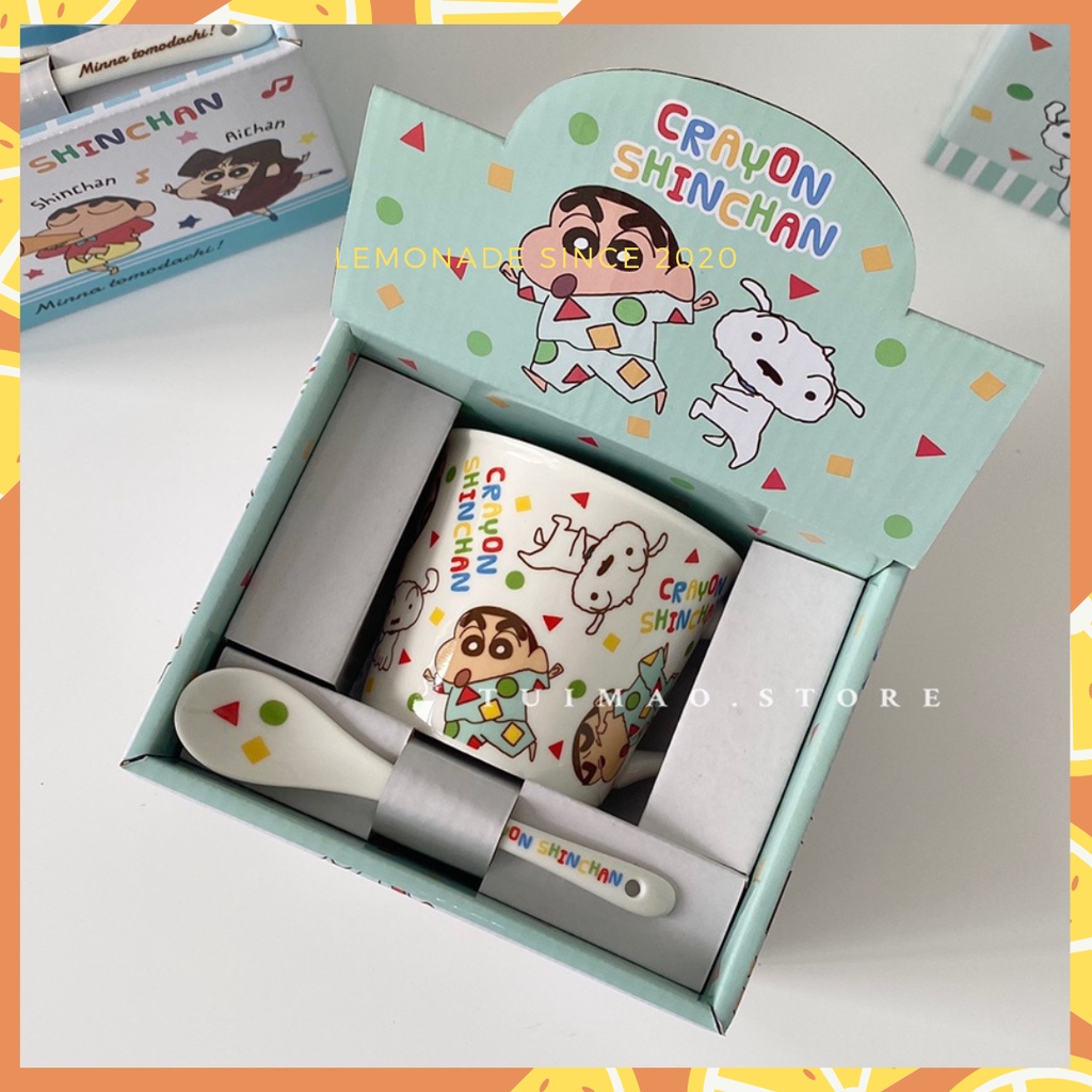 Cốc gốm Phim hoạt hình Shin Cậu Bé Bút Chì full box hộp quà tặng kèm thìa muỗng dễ thương