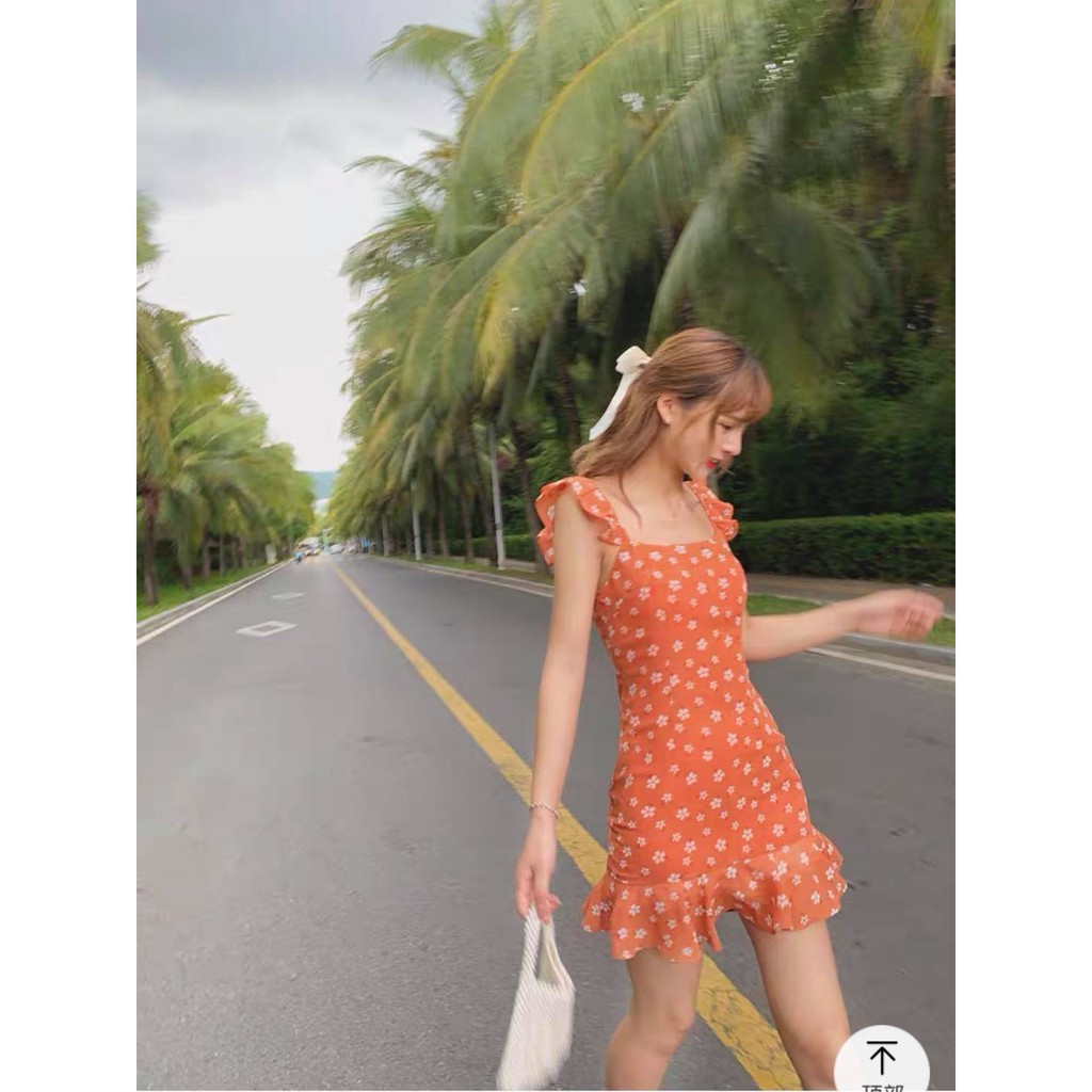 Zapi Dress - Đầm 2 dây bông cam có mút