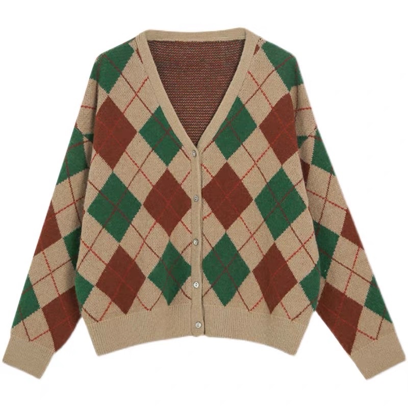 Áo cadigan nâu vintage hoạ tiết trám dành cho nữ
