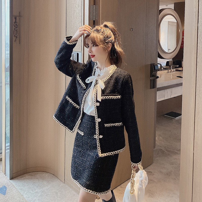 [HÀNG ORDER] set dạ tweed ánh kim gồm chân váy dạ + áo dạ tweed hàng Quảng Châu BAC21