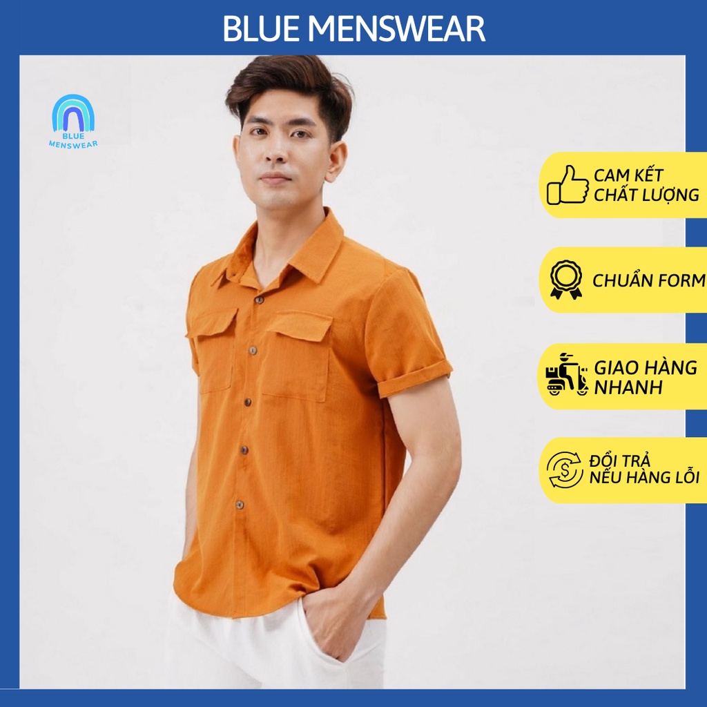 Áo Sơ Mi Nam, Áo Đũi Nam Cổ Bẻ Cộc Tay Ngắn Có Cổ Túi Hộp AD18 - BLUE MENSWEAR