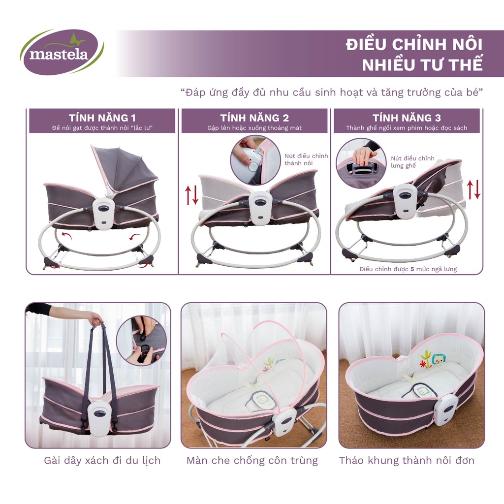 Nôi rung bập bênh cho bé đa năng 5 in 1 Mastela MSTL-6033-37 kết hợp giỏ xách, ghế rung bập bênh (có màn chống muỗi)