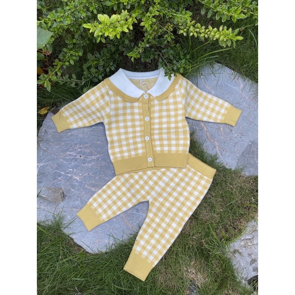 Bộ Len Bé Gái Cài Khuy, Bộ Len Kẻ Caro Cho Bé Gái size 60-90
