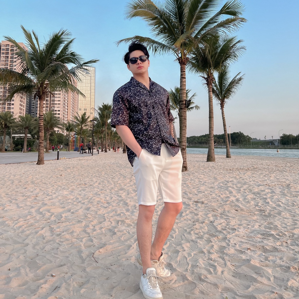 Áo sơ mi nam ngắn tay DEWE, vải lụa nhập khẩu chống nhăn thoáng mát,họa tiết Chữ Trắng - DEWE Cuban Shirt