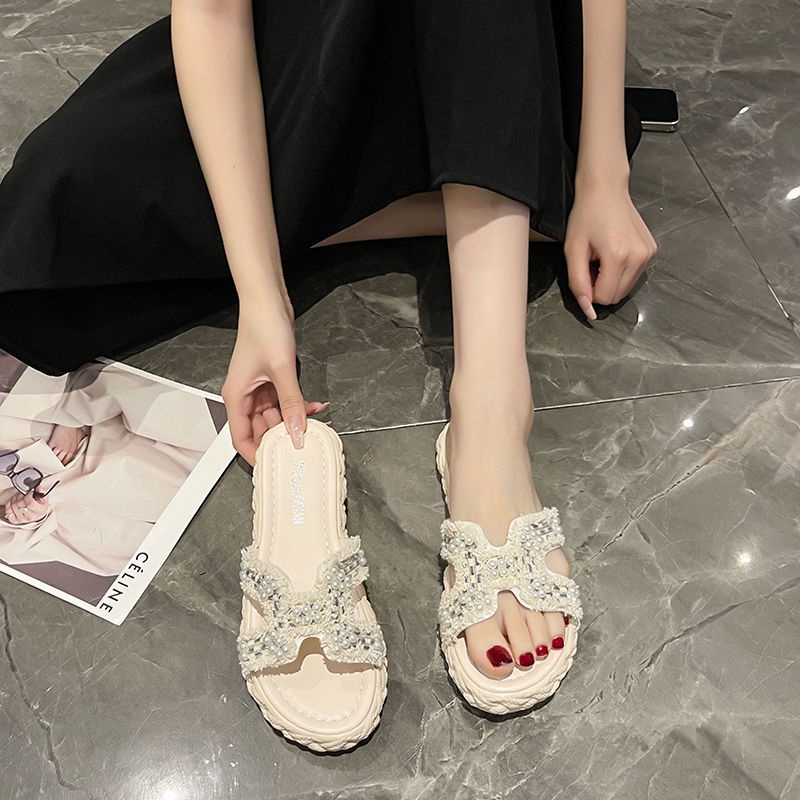 Dép bánh mì đế cao Dép đế xuồng Dép Sandal Đế Mềm Đính Ngọc Trai Thời Trang Mùa Hè 2022 Cho Nữ