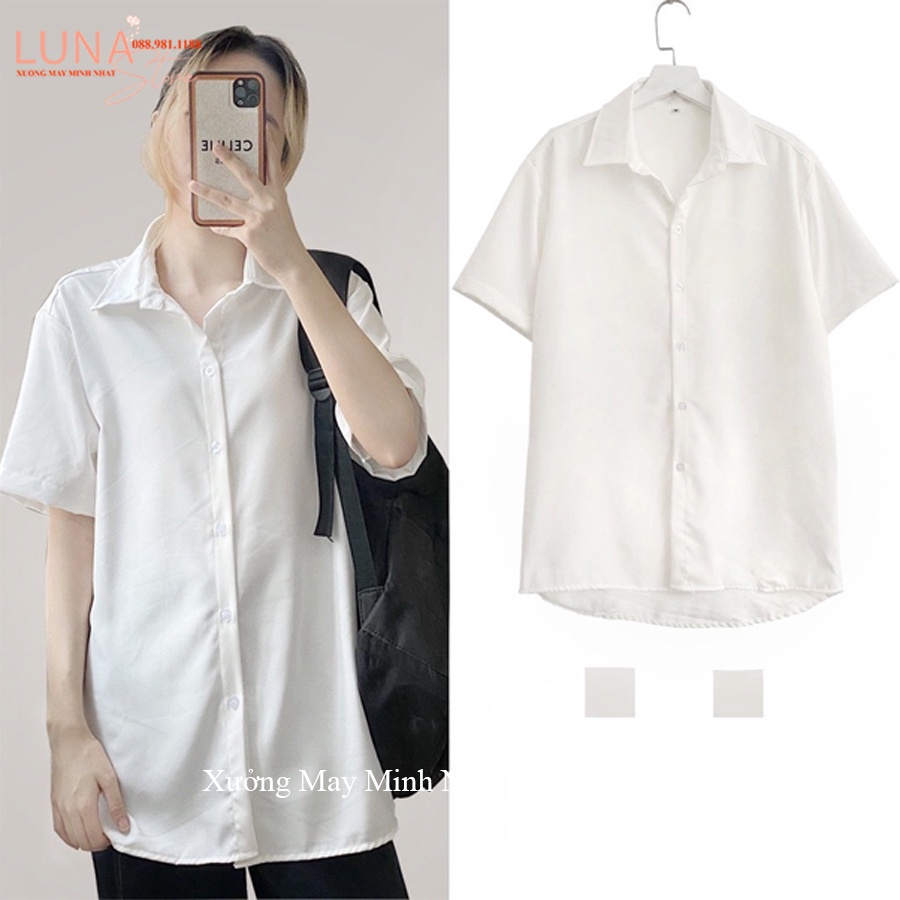 Áo sơ mi nữ đi học form rộng tay ngắn lỡ có túi dáng ulzzang freesize unisex kiểu áo sơ mi trắng nữ tay ngắn trơn đi học