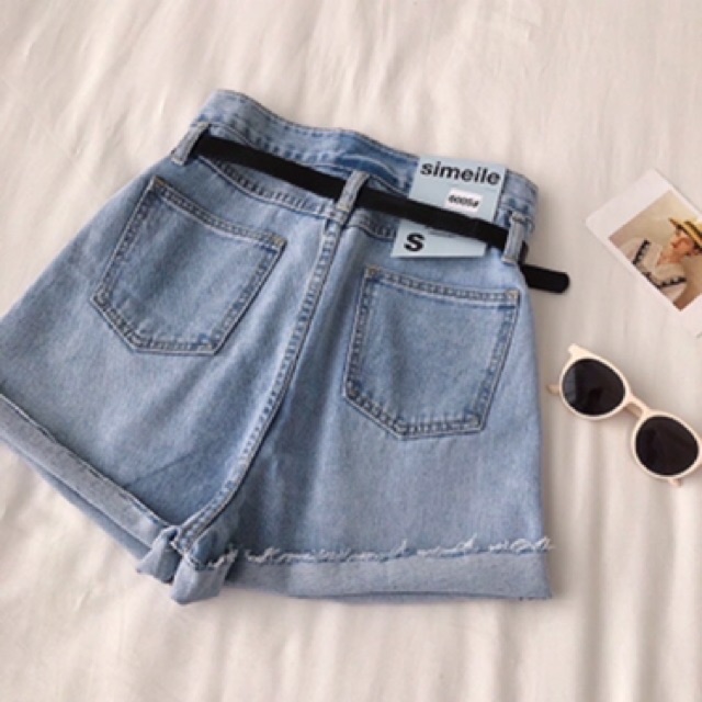 Quần short jean xanh tua gấu