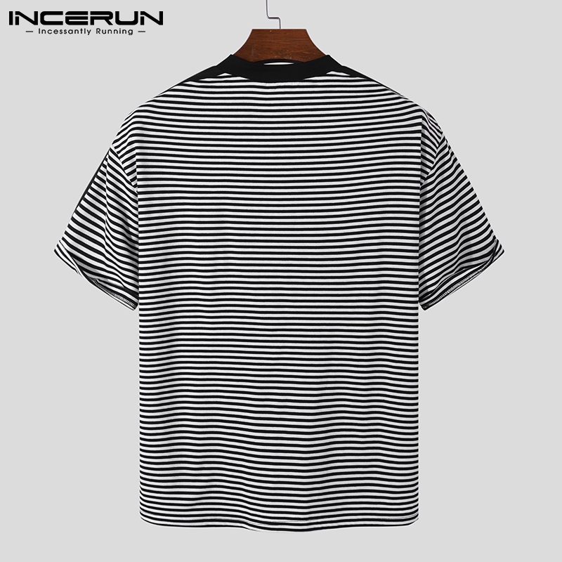 Áo thun INCERUN ngắn tay cổ tròn mềm mại họa tiết kẻ sọc phong cách đơn giản cho nam