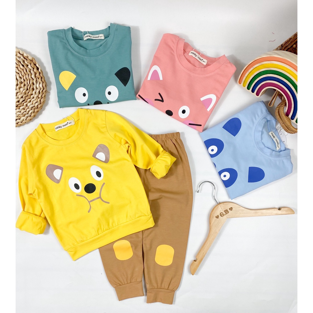 [SZĐẠI] Bộ Dài Tay Vải Cotton Cho Bé Trai, Bé Gái Minky Mom Hoạ Tiết 3D Mèo Con,Đồ Bộ Cho Bé Mặc Nhà Thu Đông MKMTD2239