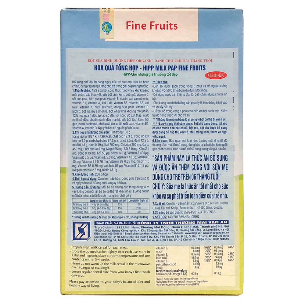 [CHÍNH HÃNG] Bột Ăn Dặm HiPP Fine Fruits (Hoa Quả Tổng Hợp) Hộp 250g